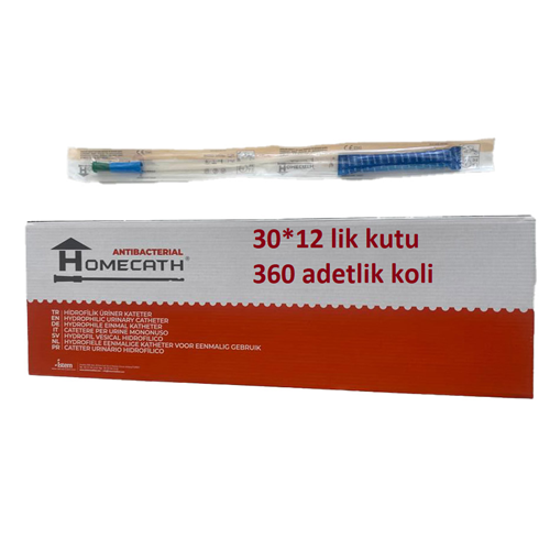 Homecath Antibakteriyal Hidrofilik Üriner Kateter Su Soketli Male 40Cm 8Ch (1 koli 360 adet)
