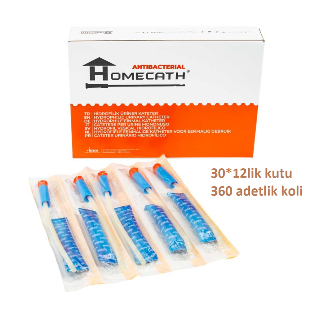Homecath Antibakteriyal Hidrofilik Üriner Kateter Su Soketli Male 20Cm 8Ch (360 adetlik koli)
